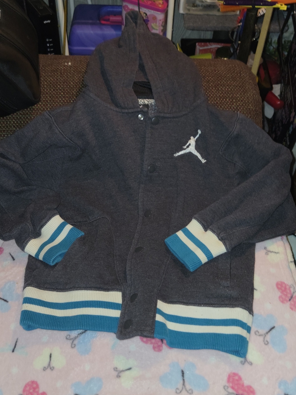 Jordan Charcoal Hooded Jacket with White Jumpman and Teal Accents